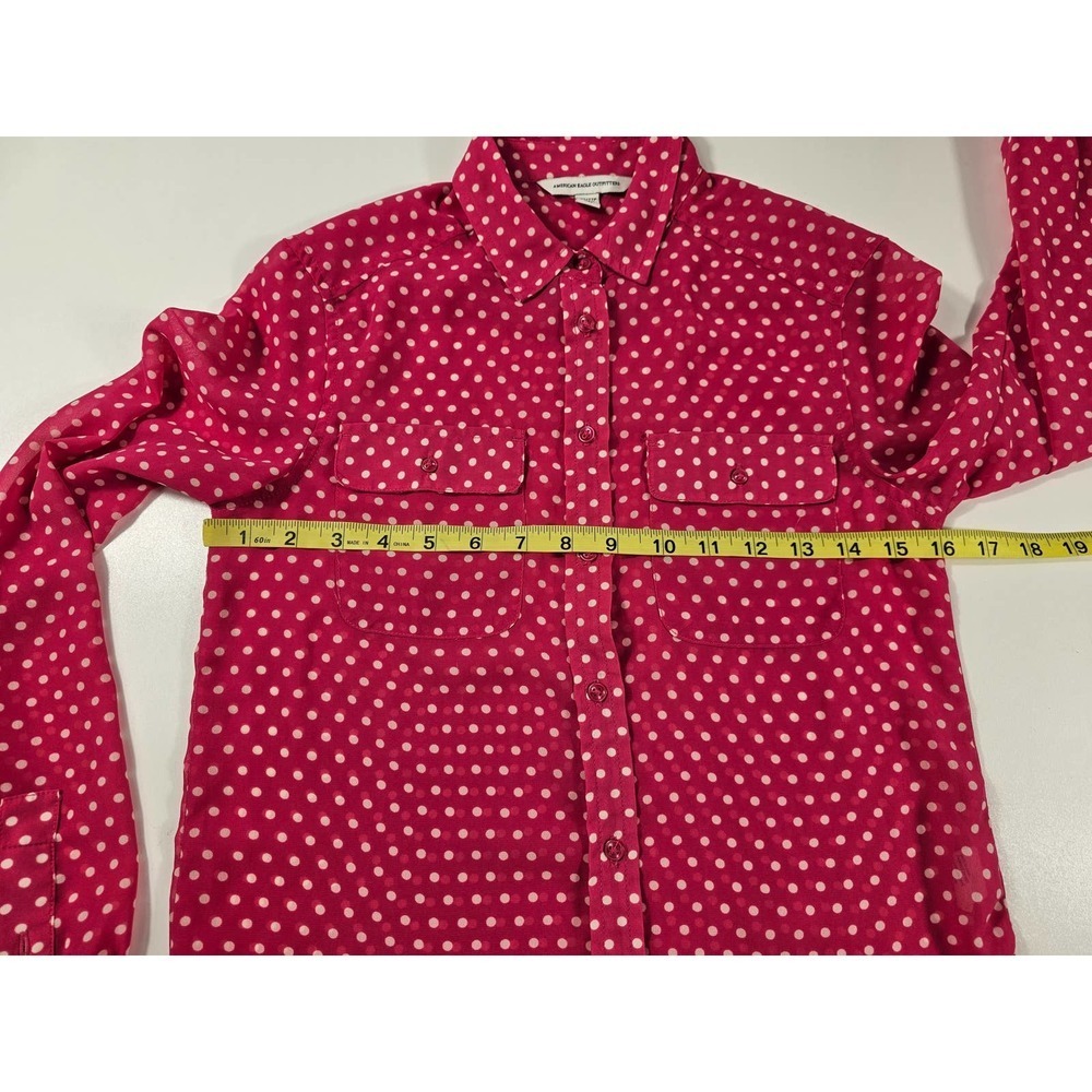 Pink and white polka dot long sleeve sheer button up size XXS ^ EUC - Picture 7 of 8